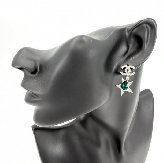 CHANEL シャネル ピアス 星 ココマーク アクセサリー スター ラインストーン I23P シルバー グリーン 緑 レディース 約7.7g 2023年【中古品】