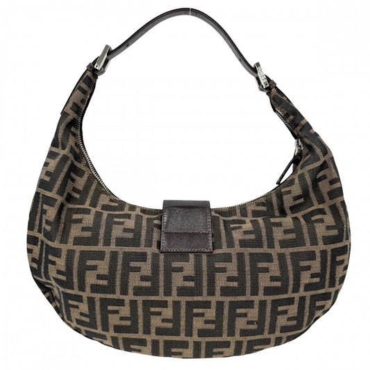 FENDI フェンディ ハンドバッグ ムーンバッグ セミショルダーバッグ ズッカ柄 かばん 鞄 0916321001 キャンバス レザー ブラウン 茶 シルバー金具 レディース【中古品】