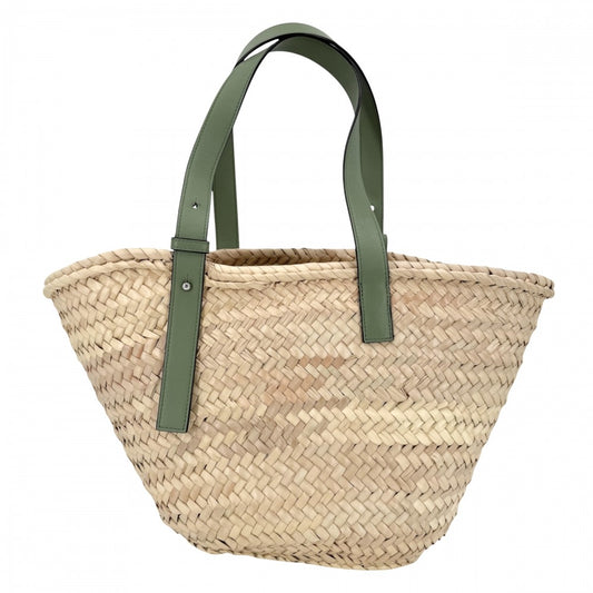 LOEWE ロエベ ハンドバッグ アナグラム バスケットバッグ バスケットバッグ かごバッグ ミディアム パームリーフ カーフレザー ベージュ グリーン 緑 シルバー金具 レディース【中古品】