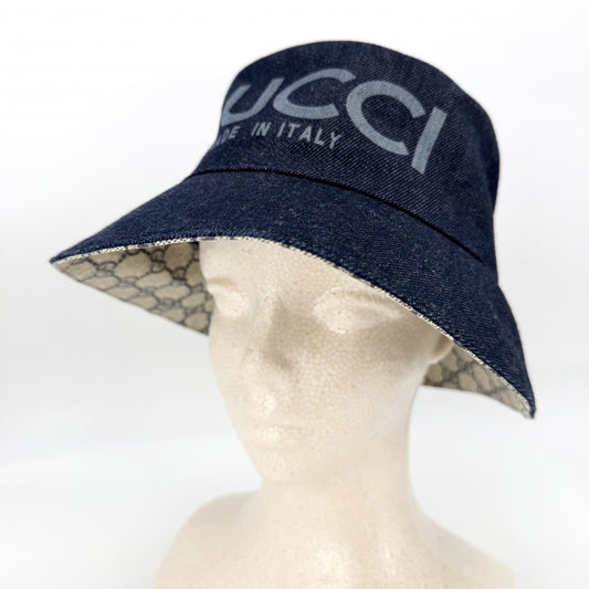 GUCCI グッチ 帽子 デニム バケットハット Mサイズ ファッションアイテム メンズ レディース GGスプリーム 803042 コットン ネイビー 紺 ユニセックス【中古品】