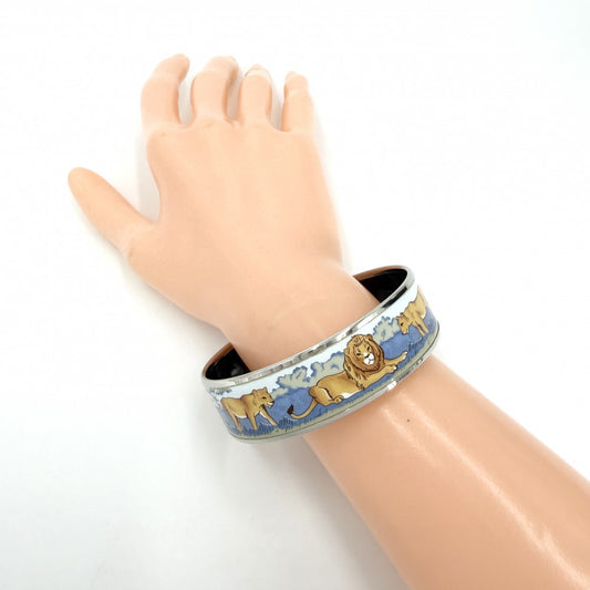 HERMES エルメス バングル エマイユGM アクセサリー ブレスレット ライオン 七宝焼き ブルー系 ブラック 黒 シルバー金具 レディース 約33.5g【中古品】