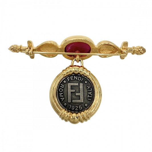 FENDI フェンディ ブローチ FF アクセサリー カラーストーン ゴールド レディース 約30.4g【中古品】