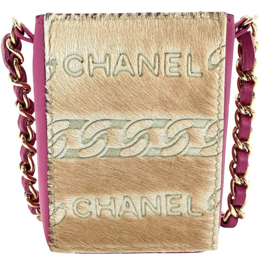 CHANEL シャネル 小物 チェーンショルダー シガレットケース ショルダーポーチ ミニバッグ ハラコ レザー ピンク ベージュ ゴールド金具 レディース【中古品】