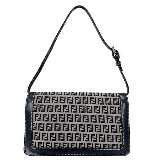 FENDI フェンディ ハンドバッグ ズッキーノ セミショルダーバッグ キャンバス レザー ネイビー 紺 シルバー金具 レディース【中古品】