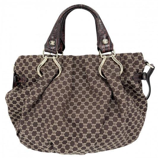 CELINE セリーヌ 2WAY マカダム ハンドバッグ ショルダーバッグ キャンバス レザー ブラウン 茶 ゴールド金具 レディース【中古品】