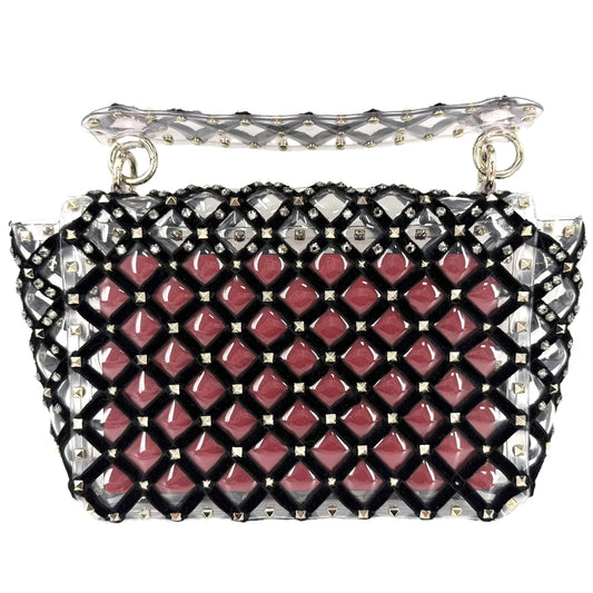 Valentino Garavani ヴァレンティノ・ガラヴァーニ ハンドバッグ ロックスタッズ PVC ベロア クリア ブラック 黒 ゴールド金具 レディース【中古品】