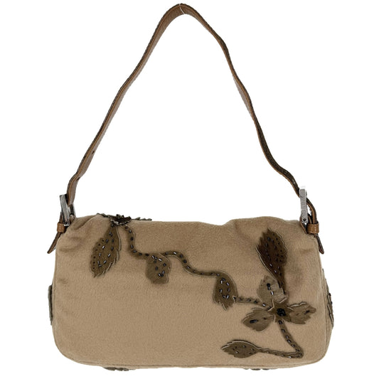 FENDI フェンディ ハンドバッグ フラワーモチーフ マンマバケット 26424 ウール ハラコ ビーズ ブラウン 茶 シルバー金具 レディース【中古品】
