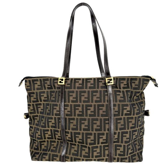 FENDI フェンディ トートバッグ ズッカ ファスナー ショルダーバッグ キャンバス レザー ブラウン 茶 ゴールド金具 レディース【中古品】