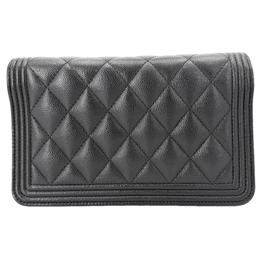 CHANEL シャネル チェーンウォレット マトラッセ ボーイシャネル ショルダーウォレット 財布 キャビアスキン ブラック 黒 マットゴールド金具 レディース【中古品】