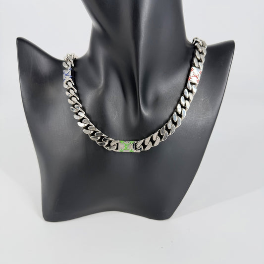 LOUIS VUITTON ルイヴィトン ネックレス LVモザイク アクセサリー チェーン M01532 シルバー マルチカラー メンズ 約106.7g【中古品】