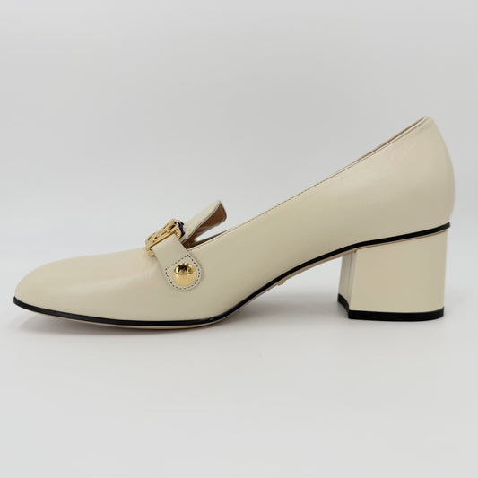 GUCCI グッチ パンプス シルヴィ ウェブライン チャンキーヒール 38.5サイズ 約25.5cm 537539 レザー ホワイト 白 レディース【中古品】