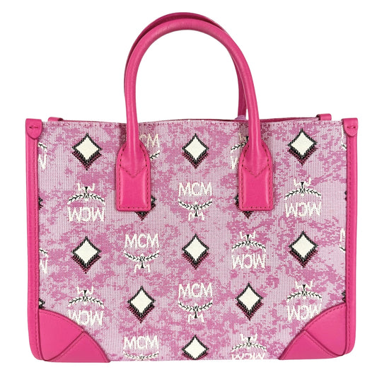 MCM エム・シー・エム 2WAY ミュンヘン ジャガード トートバッグ ハンドバッグ ショルダーバッグ スカーフ付き キャンバス レザー ピンク シルバー金具 レディース【中古品】