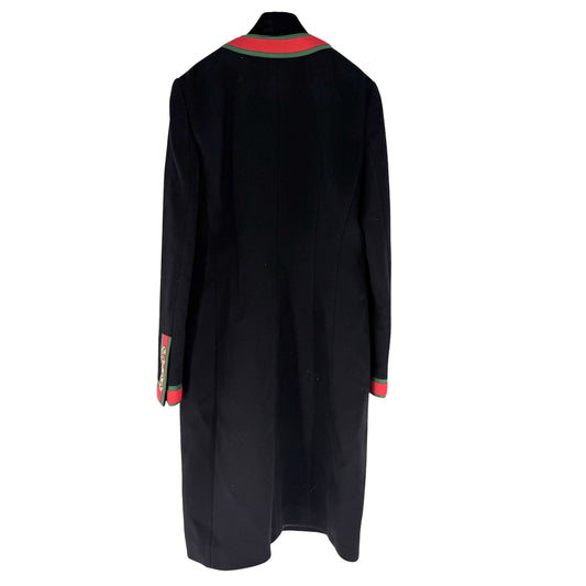 GUCCI グッチ コート ノーカラー ロングコート シェリーライン アウター 上着 服 44 ブラック 黒 ゴールド金具 秋 冬 ウール レディース【中古品】