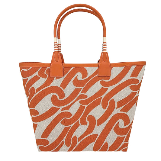 HERMES エルメス トートバッグ スティープル28 ハンドバッグ W刻印 キャンバス レザー オレンジ ベージュ シルバー金具 レディース 2024年【中古品】