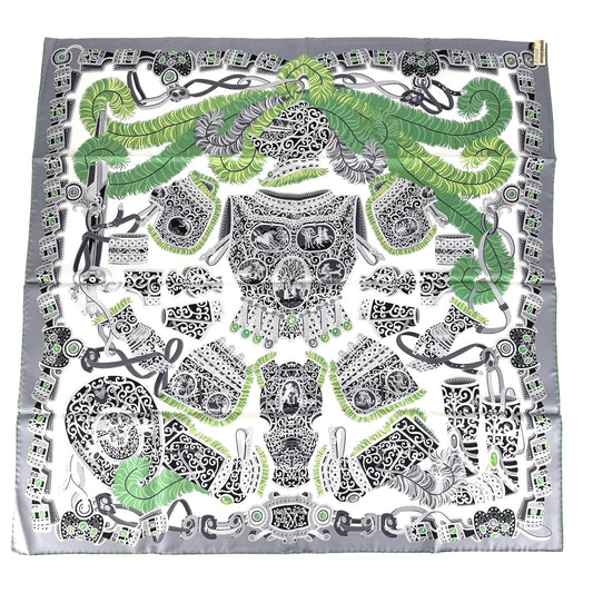 HERMES エルメス スカーフ カレ90 SOUS LE GIDE DE MARS 軍師マルス ファッションアイテム シルク グレー グリーン 緑 レディース【中古品】
