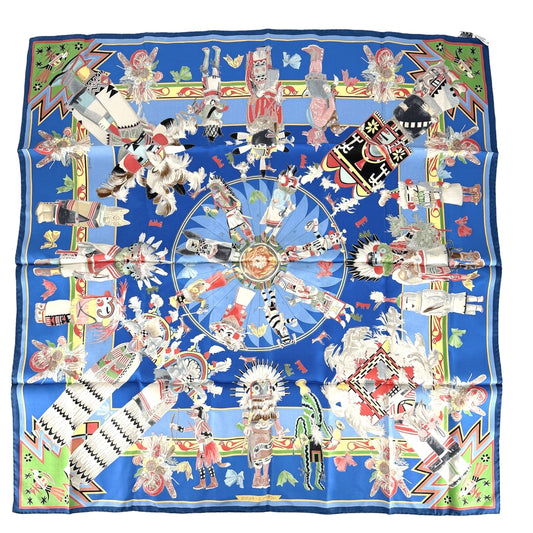 HERMES エルメス スカーフ カレ90 Kachinas カチナ 民族 ファッションアイテム シルク ブルー 青 マルチカラー レディース【中古品】
