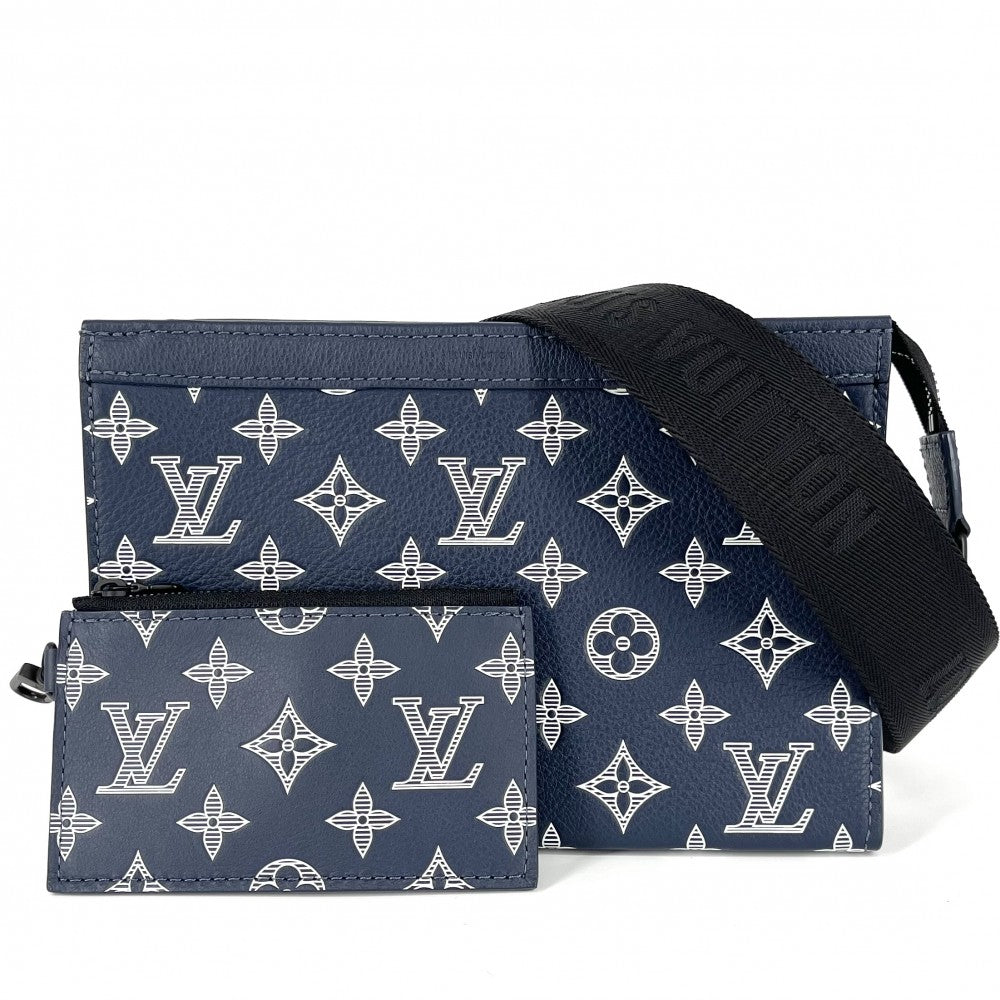 【開店SALE】 LOUIS VUITTON ルイヴィトン ショルダーバッグ モノグラムシャドウ ガストン・ウェアラブル ウォレット クラッチバッグ 2WAY M83384 ネイビー 紺 ブラック金具 メンズ【中古品】