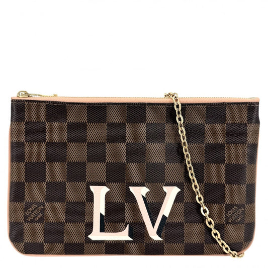 【開店SALE】 LOUIS VUITTON ルイヴィトン ショルダーバッグ ポシェット ドゥーブル チェーン N60254 ダミエキャンバス ブラウン 茶 ピンク ゴールド金具 レディース【中古品】