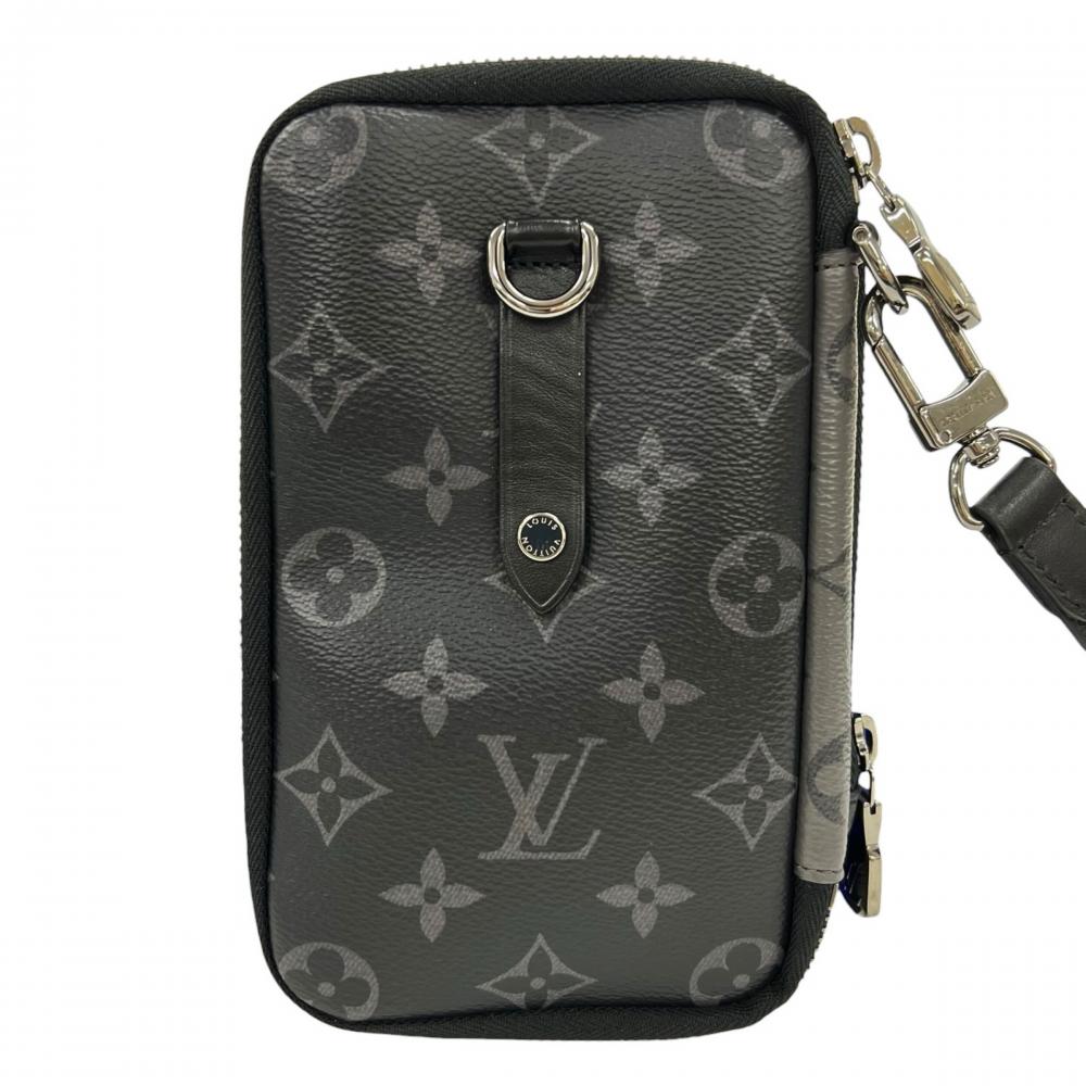 LOUIS VUITTON ルイヴィトン ショルダーバッグ モノグラム・エクリプス ダブル・フォン ポーチ カードケース M69534 レザー キャンバス グレー ブラック 黒 シルバー金具 メンズ【中古品】