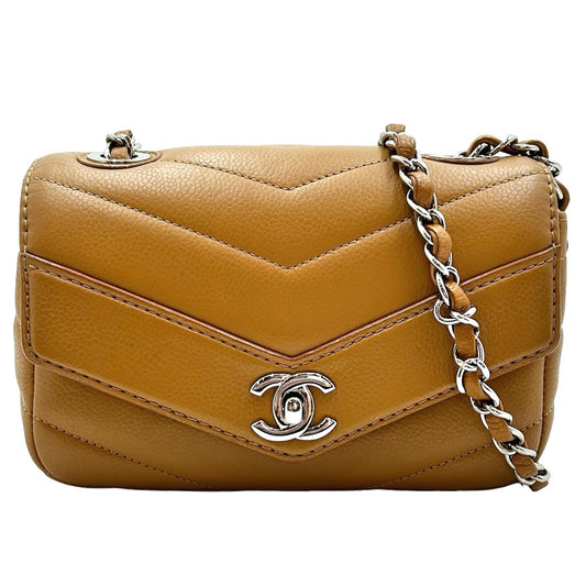 CHANEL シャネル ショルダーバッグ シェブロン Vステッチ チェーンショルダーバッグ 鞄 かばん ココマーク ココ キャビアスキン ブラウン 茶 シルバー金具 レディース【中古品】