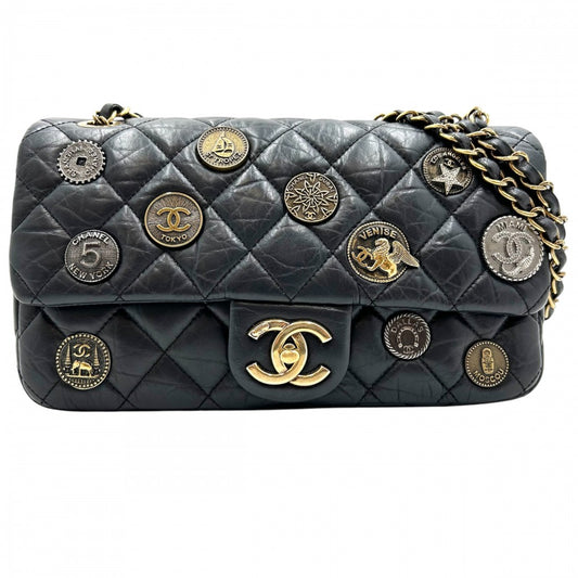 CHANEL シャネル ショルダーバッグ マトラッセ25 チェーンショルダー ココマーク ココ ダブルフラップ ダブルチェーン コインモチーフ かばん 鞄 レザー ブラック 黒 ゴールド金具 レディース【中古品】