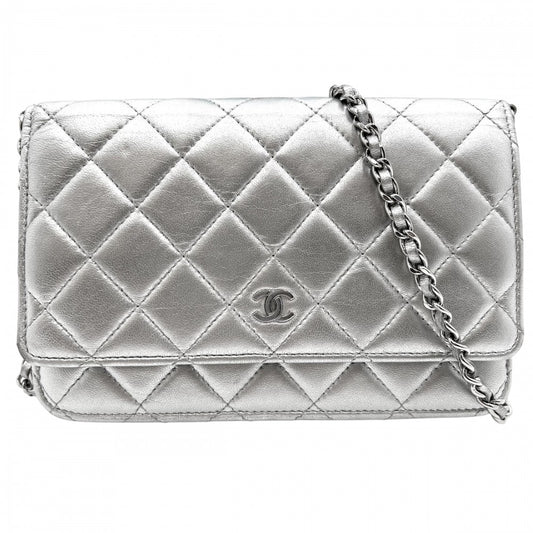CHANEL シャネル チェーンウォレット マトラッセ ミニショルダーバッグ ココマーク ココ 財布 鞄 かばん AP0250 レザー シルバー シルバー金具 レディース【中古品】