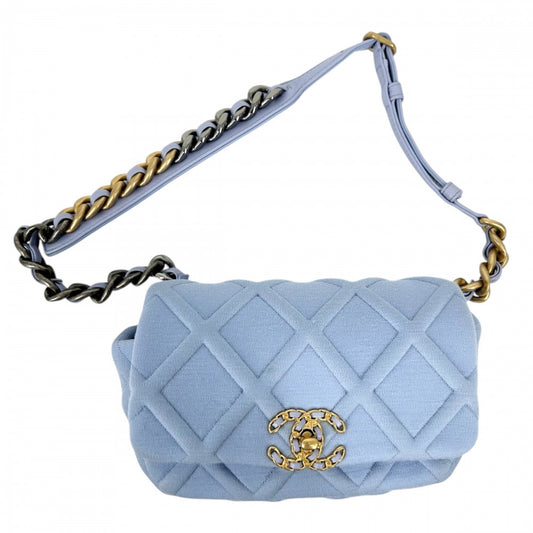 【開店SALE】 CHANEL シャネル ウエストバッグ シャネル19 ウエストポーチ ココマーク 小さめ かばん 鞄 ラムスキン コットンジャージー ブルー 青 ゴールド×シルバー金具 レディース【中古品】