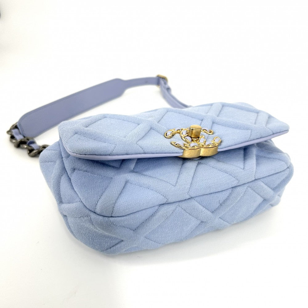【開店SALE】 CHANEL シャネル ウエストバッグ シャネル19 ウエストポーチ ココマーク 小さめ かばん 鞄 ラムスキン コットンジャージー ブルー 青 ゴールド×シルバー金具 レディース【中古品】
