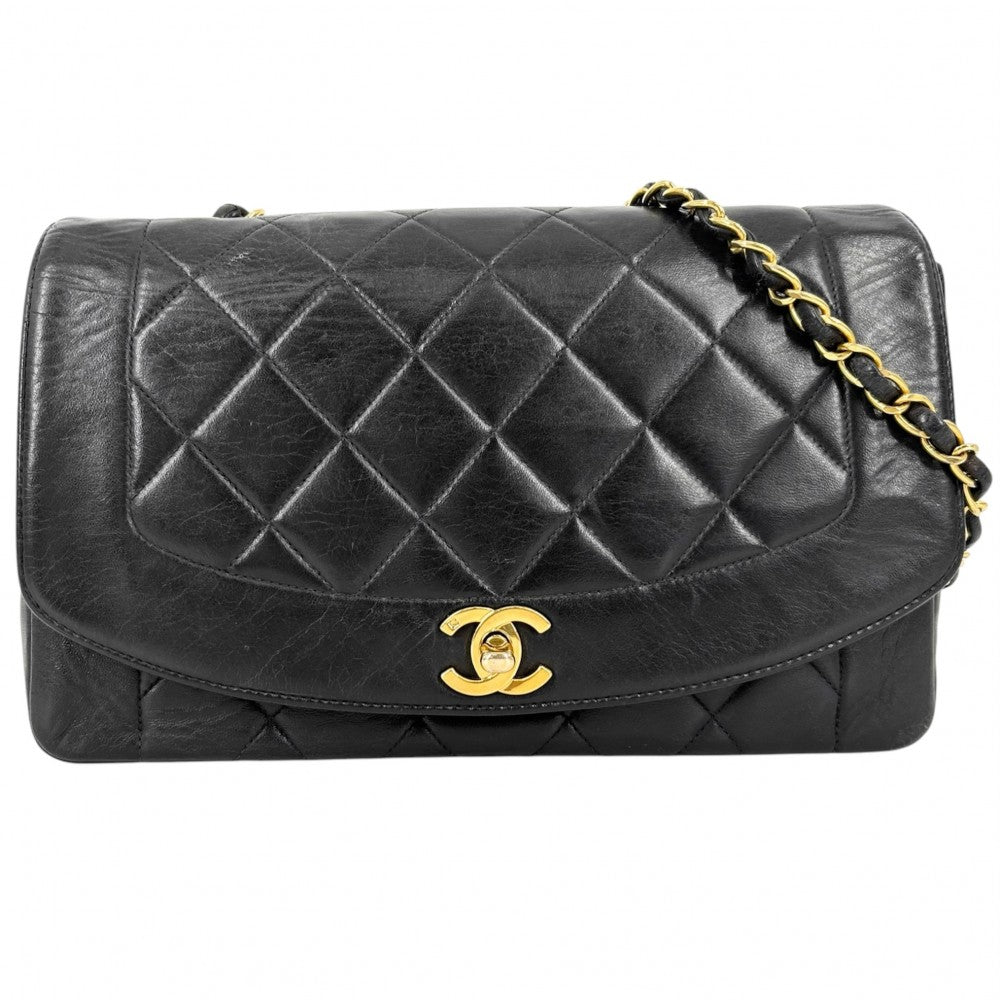 【開店SALE】 CHANEL シャネル ショルダーバッグ マトラッセ ダイアナ25 チェーン ココマーク ココ ターンロック 鞄 かばん ラムスキン ブラック 黒 ゴールド金具 レディース【中古品】