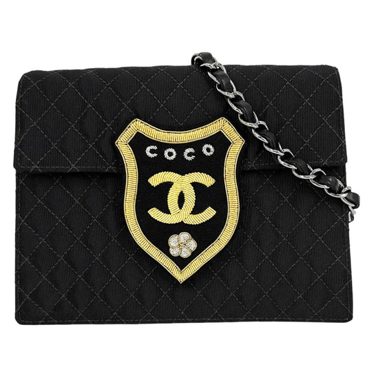 【開店SALE】 CHANEL シャネル ショルダーバッグ マトラッセ エンブレムワッペン ココマーク チェーンショルダー ココ かばん 鞄 キャンバス レザー ブラック 黒 シルバー金具 レディース【中古品】