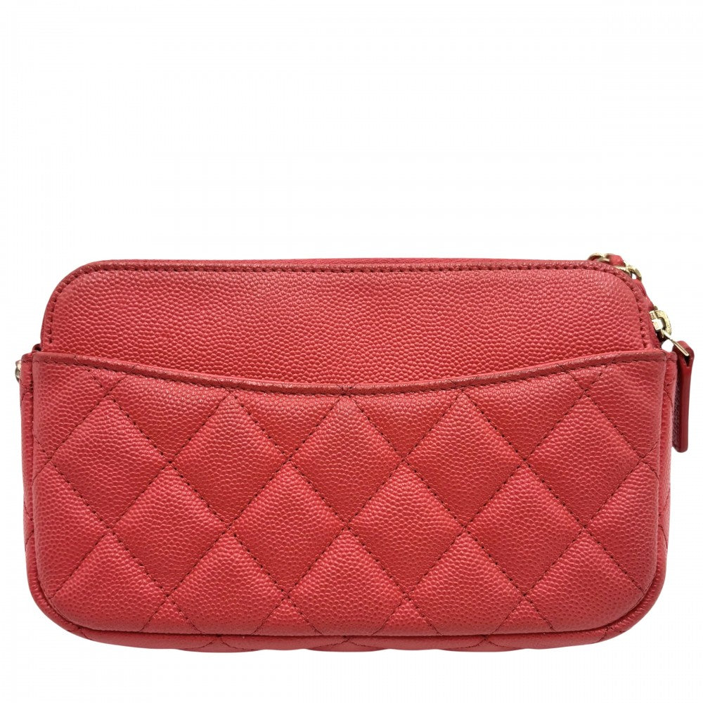 【開店SALE】 CHANEL シャネル チェーンウォレット マトラッセ ショルダーポーチ ココマーク ココ 小さめ 鞄 かばん キャビアスキン レッド系 ゴールド金具 レディース【中古品】