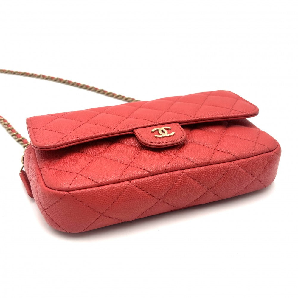 【開店SALE】 CHANEL シャネル チェーンウォレット マトラッセ ショルダーポーチ ココマーク ココ 小さめ 鞄 かばん キャビアスキン レッド系 ゴールド金具 レディース【中古品】