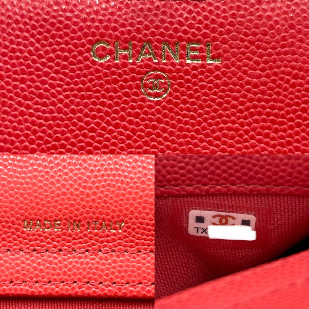 【開店SALE】 CHANEL シャネル チェーンウォレット マトラッセ ショルダーポーチ ココマーク ココ 小さめ 鞄 かばん キャビアスキン レッド系 ゴールド金具 レディース【中古品】