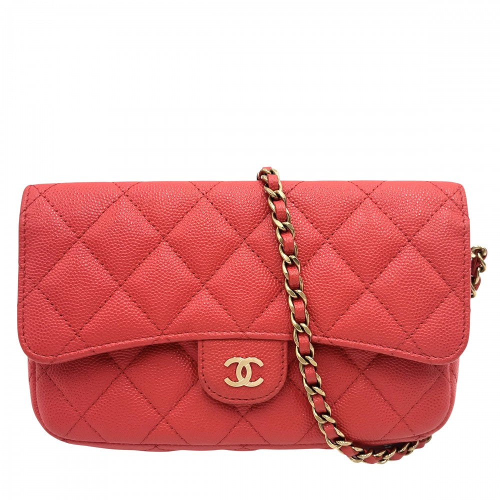 CHANEL シャネル チェーンウォレット マトラッセ ショルダーポーチ ココマーク ココ 小さめ 鞄 かばん キャビアスキン レッド系 ゴールド金具 レディース【中古品】