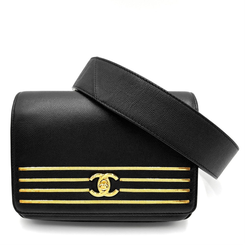 CHANEL シャネル ウエストバッグ ボディバッグ 小さめ ターンロック ココマーク ココ 鞄 かばん キャビアスキン ブラック 黒 ゴールド金具 レディース【中古品】