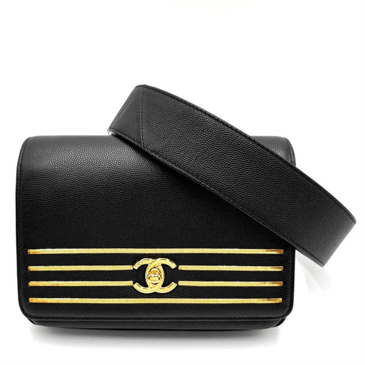 CHANEL シャネル ウエストバッグ ボディバッグ 小さめ ターンロック ココマーク ココ 鞄 かばん キャビアスキン ブラック 黒 ゴールド金具 レディース【中古品】