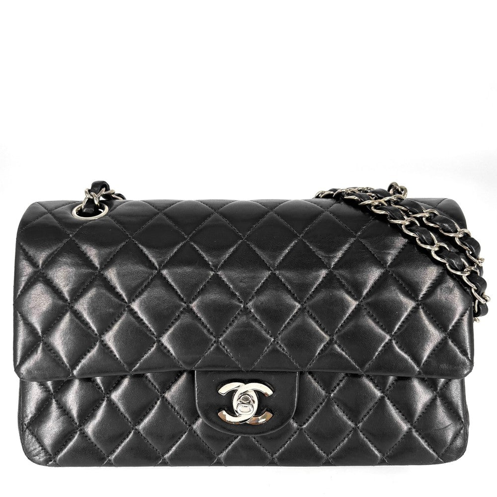 【開店SALE】 CHANEL シャネル ショルダーバッグ マトラッセ25 ココマーク ターンロック Matelasse ダブルフラップ ダブルチェーン ラムスキン ネイビー 紺 シルバー金具 レディース【中古品】
