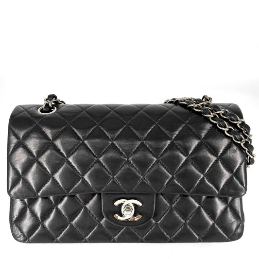 【開店SALE】 CHANEL シャネル ショルダーバッグ マトラッセ25 ココマーク ターンロック Matelasse ダブルフラップ ダブルチェーン ラムスキン ネイビー 紺 シルバー金具 レディース【中古品】