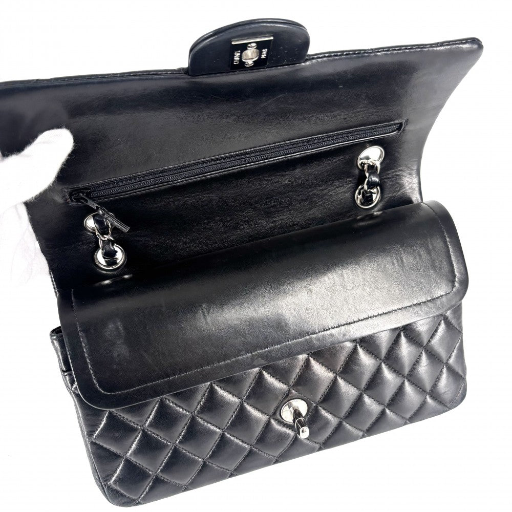 【開店SALE】 CHANEL シャネル ショルダーバッグ マトラッセ25 ココマーク ターンロック Matelasse ダブルフラップ ダブルチェーン ラムスキン ネイビー 紺 シルバー金具 レディース【中古品】