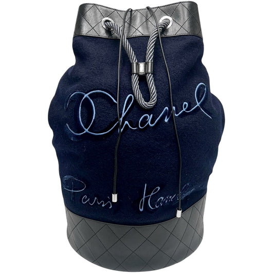【開店SALE】 CHANEL シャネル ショルダーバッグ エンブロイダリー ドローストリングスリングバッグ キルティング ココマーク A57519 ウール レザー ネイビー 紺 シルバー金具 レディース【中古品】