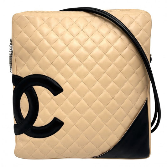 CHANEL シャネル ショルダーバッグ カンボンライン ラージポシェット ココマーク ココ レザー A25179 カーフ ベージュ ブラック 黒 シルバー金具 レディース【中古品】