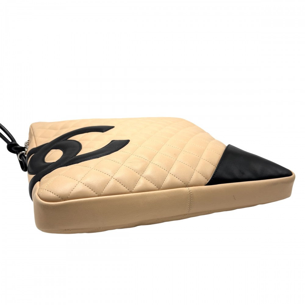 CHANEL シャネル ショルダーバッグ カンボンライン ラージポシェット ココマーク ココ レザー A25179 カーフ ベージュ ブラック 黒 シルバー金具 レディース【中古品】