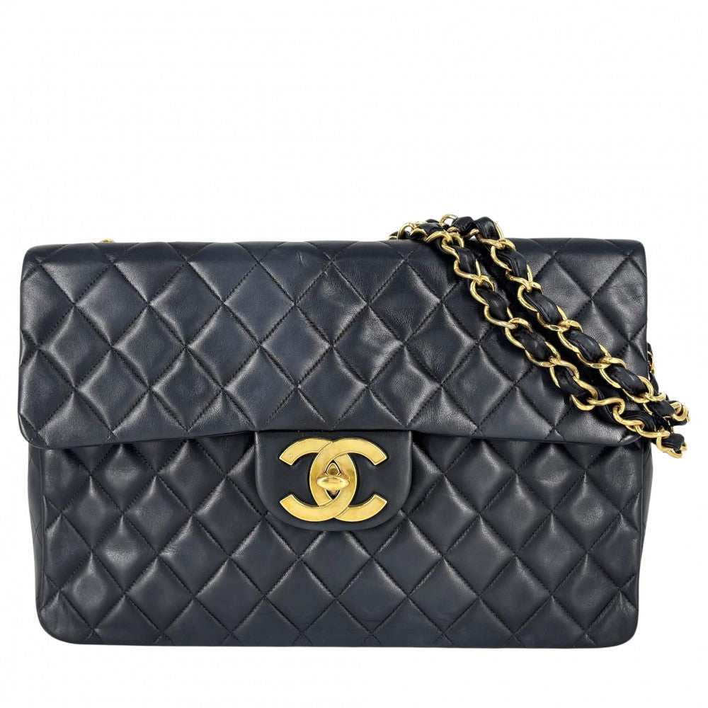 CHANEL シャネル ショルダーバッグ デカマトラッセ34 ココマーク ダブルチェーン ターンロック ラムスキン ネイビー 紺 ゴールド金具 レディース【中古品】