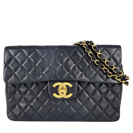 CHANEL シャネル ショルダーバッグ デカマトラッセ34 ココマーク ダブルチェーン ターンロック ラムスキン ネイビー 紺 ゴールド金具 レディース【中古品】
