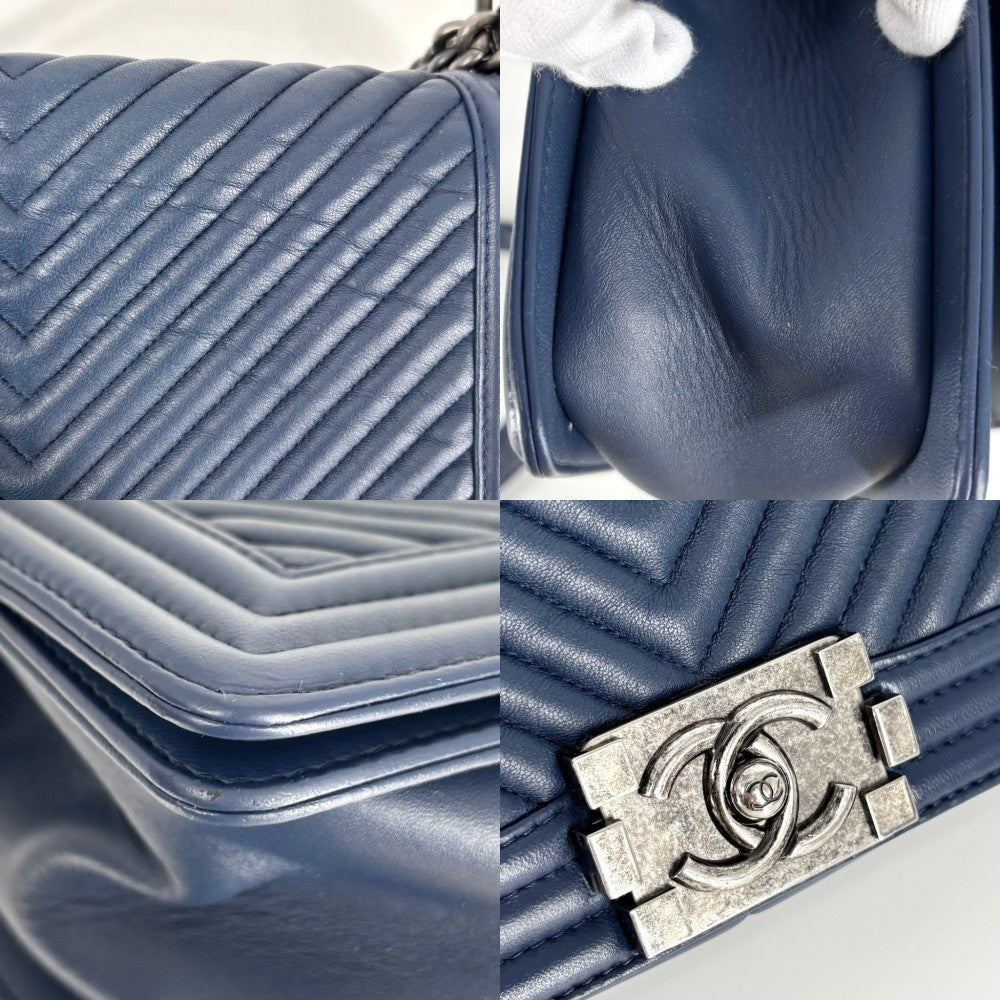 【開店SALE】 CHANEL シャネル ショルダーバッグ ココマーク ボーイシャネル チェーン シェブロン レザー ネイビー 紺 シルバー金具 レディース【中古品】