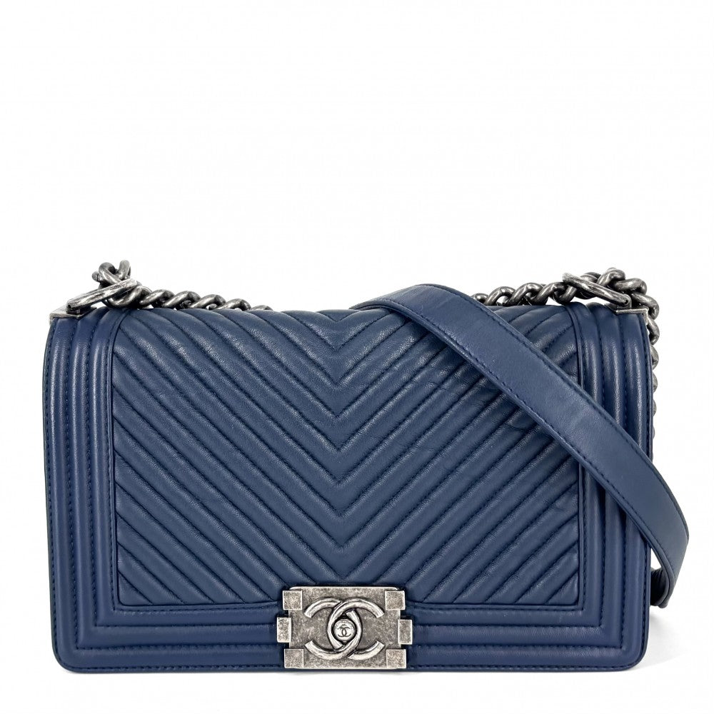 【開店SALE】 CHANEL シャネル ショルダーバッグ ココマーク ボーイシャネル チェーン シェブロン レザー ネイビー 紺 シルバー金具 レディース【中古品】