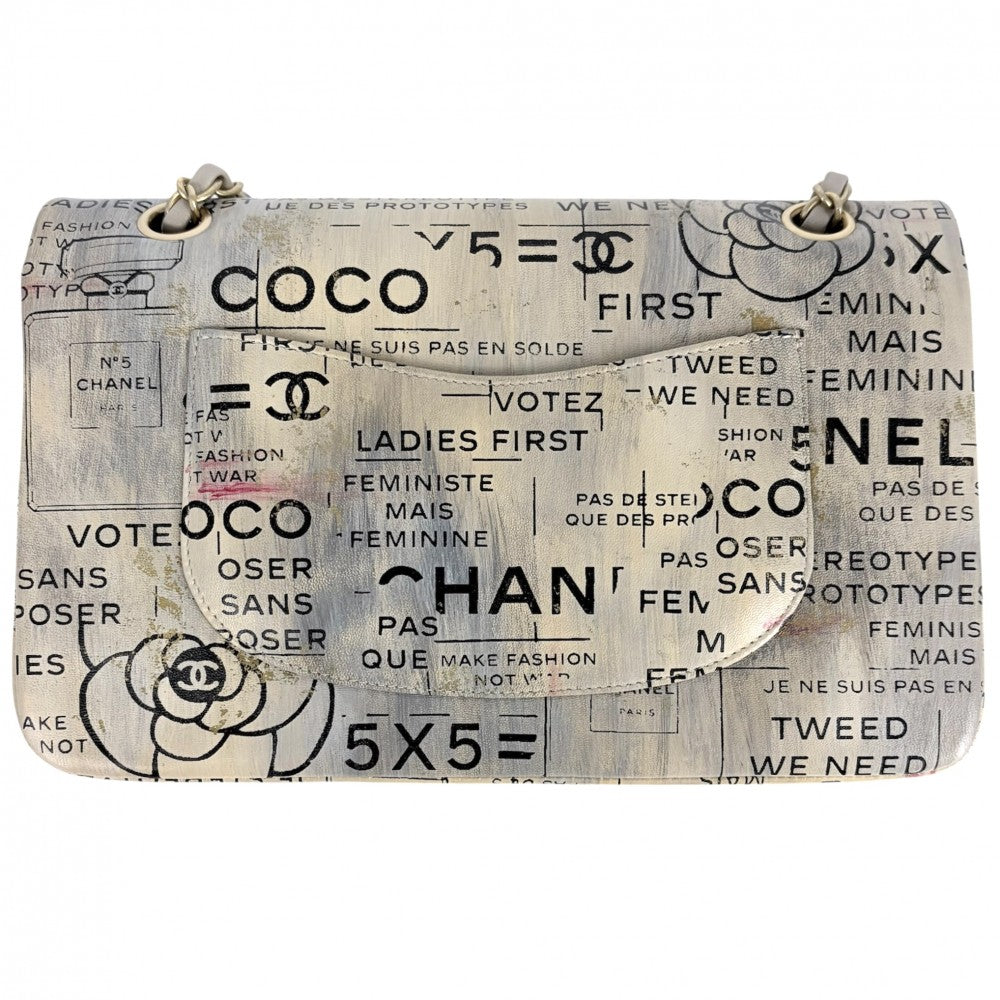 【開店SALE】 CHANEL シャネル ショルダーバッグ ニュースペーパー プリント ダブルチェーン ダブルフラップ ターンロック ハンドバッグ ココ 鞄 かばん レザー ベージュ マルチカラー シルバー金具 レディース【中古品】