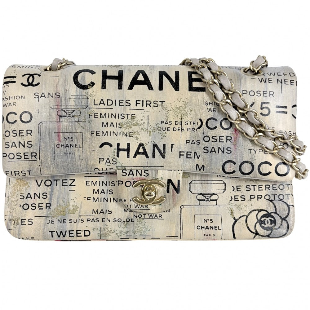 【開店SALE】 CHANEL シャネル ショルダーバッグ ニュースペーパー プリント ダブルチェーン ダブルフラップ ターンロック ハンドバッグ ココ 鞄 かばん レザー ベージュ マルチカラー シルバー金具 レディース【中古品】