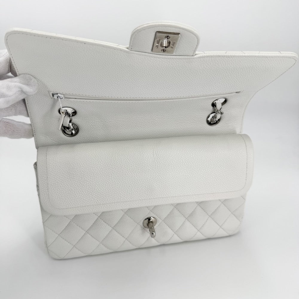 【開店SALE】 CHANEL シャネル ショルダーバッグ マトラッセ25 ダブルチェーン ダブルフラップ ココマーク ターンロック キャビアスキン ホワイト 白 シルバー金具 レディース【中古品】