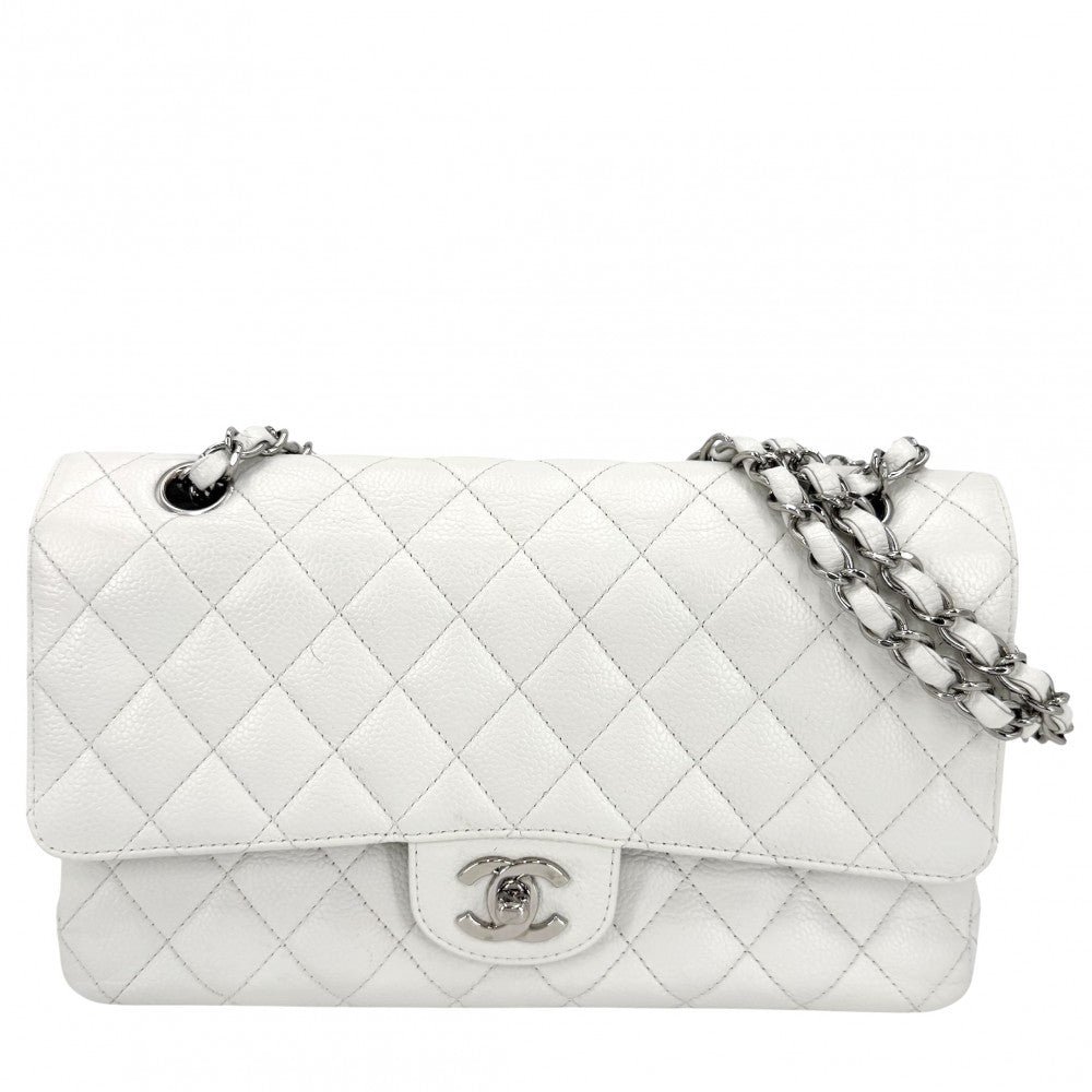 【開店SALE】 CHANEL シャネル ショルダーバッグ マトラッセ25 ダブルチェーン ダブルフラップ ココマーク ターンロック キャビアスキン ホワイト 白 シルバー金具 レディース【中古品】